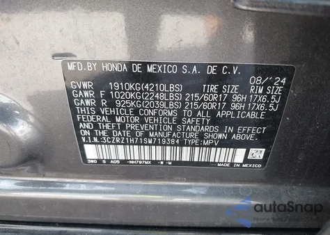 2025 Honda Hr-V 2Wd Ex-L из США, поврежденный, VIN 3CZRZ1H71SM719384